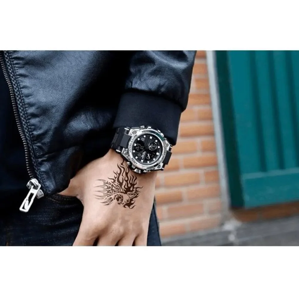 BLACK SILVER STAINLESS STEEL MILITARY SPORT WATERPROOF QUARTZ WRISTWATCH